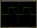 Blinkrelais Iltis, Messung an Messpunkt 6 ohne Freilauf-Diode, Belastung 42W, Kanal 1: 10V/div, Kanal 2: 10V/div, Messung gegen +24V